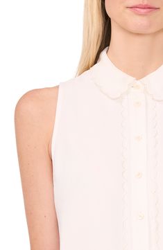 A summery shirt gets considerably sweeter with scalloped details and a sleeveless cut. 24 1/2" length Front button closure Spread collar Sleeveless 100% polyester Machine wash, tumble dry Imported Lifestyle Brands, Button Downs, Button Up Shirts, Blouses For Women, Top Brands, Button Up, Nordstrom, Womens Tops, Luxury Fashion