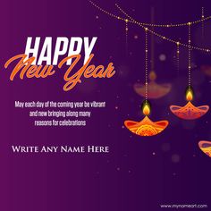 happy new year greeting card with hanging lights and sparkles on purple background for write any name here