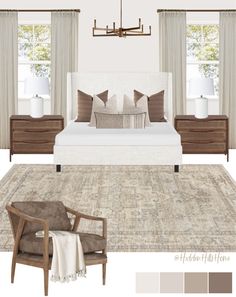 a bedroom is shown with neutrals and browns in the color scheme, along with accessories