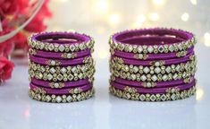 "Traditional Handmade Silk Thread Kundan Stone Studded Bangle Chuda Set Fashion Jewelry For Women Wedding Festive Party Wear Kada Set BANGLE SIZE -  2.4\" Inches, 2.6\" Inches, 2.8\" Inches, 2.10\" Inches Weight - 125 gm  Material: Silk Thread Color: As Per Picture The Bangles are decorated with beautiful stone. It makes your look noble and adds your charming Package include Set Of Silk Thread Bangles Fantastic Hand Kada for weddings, proms, parties or other special occasions * Specially Made For Traditional Occasions. * Used For Hands, It Can Be Reused. * For Bridal bridesmaids." Party Bangle With Gota Work, Adjustable Purple Bangle For Festive Occasions, Traditional Purple Bangle For Festive Occasions, Purple Bangle For Wedding, Festive Traditional Purple Bangle, Festive Purple Bangle, Festive Party Bangle With Cutdana, Festive Party Cutdana Bangle, Traditional Purple Bracelets For Festive Occasions