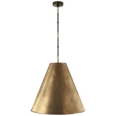 a brass colored pendant light hanging from the ceiling