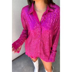 Sparkle On Sequin Mesh Button Down Top in Hot Pink Our Sparkle On Sheer Sequin Mesh Top is an add to cart must have for its versatility and elevating appeal! Style this cutie over a cami, your fav denim, and heels for a sparkly date night fit! Lined with mesh for extra comfort Oversized fit Size up for a dress look! Shorts NOT included Top Bust Measurements: S - 48" M - 49" L - 50" Top Length (shoulder to hem): S - 27" M - 27 1/2" L - 28" Shop all your favs + all the new at shoppoppyandseed.com Casual Party Tops With Buttons, Sequin Button-up Tops For Night Out, Pink Button-up Blouse For Party, Trendy Tops With Button Closure For Date Night, Pink Sequined Blouse For Fall, Sequin Mesh Top, Hot Pink Shirt, Look Shorts, Womens Blouses