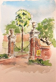 a watercolor painting of a gate and trees