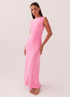 Celina Maxi Dress - Pink Tight Long Dress Casual, Slim Long Dress, Pink Maxi Dress, Good Stretches, Dress Pink, Stunning Dresses, Bright Pink, Neck Designs, Night Club