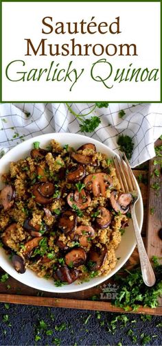 a white bowl filled with cooked mushrooms and quinoa