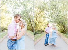 an engaged couple standing in the middle of a tree lined road with their arms around each other