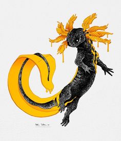 a drawing of a lizard with yellow leaves on its head and tail, holding onto a letter c