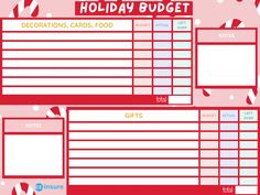 a holiday budget sheet with candy canes on the bottom and red border around it