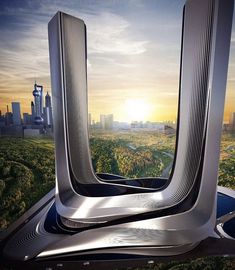 an aerial view of a futuristic city with skyscrapers and green trees in the foreground