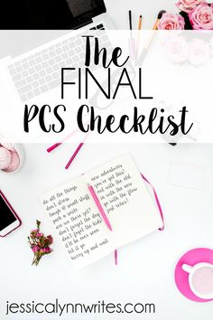 the final pc checklist is on top of a desk next to a laptop and pink flowers