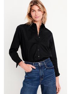 spread collar long sleeves buttoned cuffs full-button front patch chest pocket curved hem semi fitted hits at hip models are approx.  5'9" and wear sizes s (4), l (12), and xl (18)machine wash according to the care instruction label  . Best Holiday gift for Women , perfect Shirts for Christmas! Black Button Up Shirt Women, Winter Black Button-up Blouse, Black Fitted Button-up Dress Shirt, Emily In Paris Inspired Outfits, Navy Button-up Top With Buttons, Black Button-up Blouse With Relaxed Fit, Versatile Black Button-up Blouse, Black Button Up Shirt, Old Navy Women