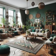 a living room filled with lots of furniture and plants on the wall above it's windows