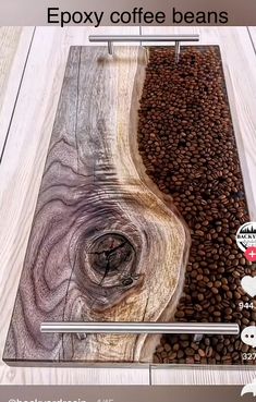 a wooden table with coffee beans on it and the words epoxy coffee beans