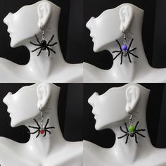 These sets have been made with silver earring wire hooks and dangle freely below the earlobe. Each Spider set is unique and has adjustable legs, each spider is between 1-1.5 inches tall and 1.5-2 inches wide.  You'll receive one set of spooky spider earrings of your choosing. Each set comes with small rubber backings and is packed in an organza bag, ready and perfect to give as a gift or treat yourself. Here at KCT, we love these earring sets because of the festive spirit of these beautiful creepy crawly spiders. Looking for other eerie accessories, we offer a wide variety at https://kcttreasures.etsy.com where your perfect treasure awaits! Halloween Gift Drop Earrings Jewelry, Halloween Gift Drop Earrings, Hypoallergenic Drop Earrings For Halloween, Novelty Hypoallergenic Halloween Jewelry, Halloween Beaded Dangle Earrings Gift, Halloween Novelty Drop Earrings Jewelry, Halloween Gift Beaded Dangle Earrings, Black Dangle Beaded Earrings For Halloween, Black Beaded Dangle Earrings For Halloween