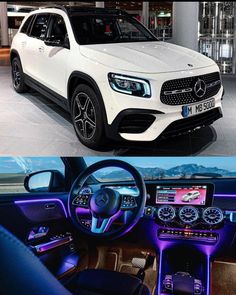 the inside and outside view of a white mercedes suv with purple lights on it's dashboard