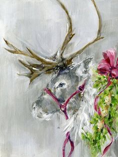 a painting of a deer with antlers on it's head and flowers in its mouth