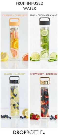 four different types of fruit in a glass bottle with strawberries, lemons, and blueberry