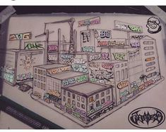 a drawing of a city with lots of graffiti on it