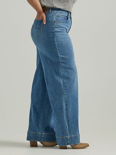 This denim makeover adds a modern twist to the trouser, complete with a high-rise fit, a billowy denim, and extra material below the hem that's the perfect length for your favorite high-heeled boots. Made from a soft cotton blend with just a hint of stretch, they're made to fit your body perfectly from the very first wear. Retro Blue, Trouser Jeans, High Heel Boots, Jeans Style, Heeled Boots, Casual Pants, Women's Jeans, High Rise, Women Jeans