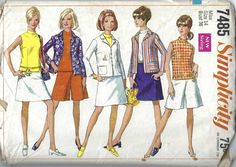 "Simplicity 7485; ©1967; Misses' Jacket, Blouse, Skirt and Pantskirt: The skirt and pantskirt have side zipper and waistband. The sleeveless blouse has bias \"stand-up\" collar, back zipper and optional front waistline darts and purchased belt. The lined jacket has notched collar, patch pockets, about wrist-length set-in sleeves and optional front loop and button closing. All of my patterns, books, cards, and other paper goods ship for $3.50 for the first item, additional items ship for free. I Retro Spring Workwear Sets, Retro Workwear Sets For Spring, Retro Long Sleeve Spring Set, Retro Spring Daywear Sets, Vintage Workwear Sets For Spring, Scout Uniform, Jacket Blouse, Blouse Skirt, Dress Coat