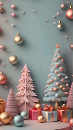 a christmas tree surrounded by presents and other holiday decorations on a blue background with gold, pink and silver balls