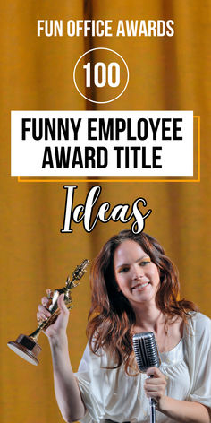 a woman holding an award while standing in front of a microphone with the words fun office awards