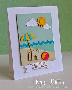 a card with an image of a beach scene on it and the words hello summer