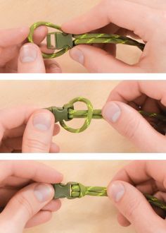 two pictures showing how to cut the ends of a pair of scissors with green handles