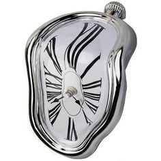 a silver clock with black and white stripes on it's face is shown against a white background