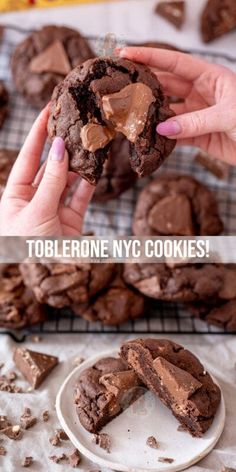 someone is holding up a chocolate cookie that has been cut in half to show the inside