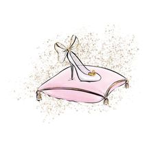 a drawing of a pink shoe with a bow on the top and gold glitters around it