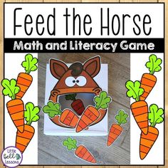 feed the horse math and literacy game with carrots in front of an open mouth