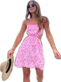 Pink Halter Dress For Summer Parties, Pink Halter Dress With Spaghetti Straps For Vacation, Pink Halter Dress For Spring Vacation, Pink Halter Dress For Beach Season, Pink Halter Neck Dress For Beach Season, Pink Halter Neck Dress For Summer Parties, Casual Tropical Print Sundress For Summer Outings, Casual Backless Halter Dress, Pink Backless Halter Dress For Summer