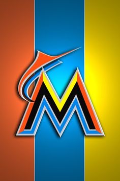 the m logo is shown on an orange, blue and yellow striped background with black letters