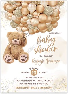 a baby shower with balloons and a teddy bear