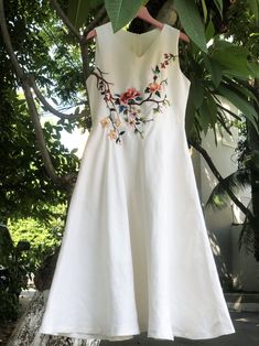 White Embroidered A-line Dress For Spring, Summer Linen Embroidered Dress For Garden Party, Summer Embroidered Linen Dress For Garden Party, Summer Garden Party Embroidered Linen Dress, White Butterfly Embroidery Dress For Spring, V-neck Linen Dress With Floral Embroidery, Floral Embroidery Linen V-neck Dress, Linen V-neck Dress With Floral Embroidery, White Bohemian Embroidered Linen Dress