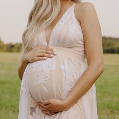 Super Cute Maternity Dress From Etsy!! It’s Such Good Quality And Was Only Worn Once For A Couple Hours For Photos. It’s A Size Medium And I Was 32w Pregnant When The Photos Were Taken White V-neck Maternity Dress For Summer, White Feminine Maternity Dress For Summer, White Maternity Dress For Spring, Spring Maternity Dress In White, Chic White Maternity Dress For Spring, Spring White Maternity Dress, Fitted Cream Maxi Maternity Dress, White Feminine Summer Maternity Dress, Elegant White Maternity Dress