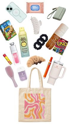 an assortment of personal care items are arranged in the shape of a shopping tote bag