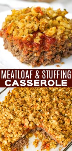 meatloaf and stuffing casserole on a plate with the title above it