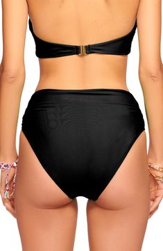 These high-waist bikini bottoms boast an elevated tie-belt detail made of gleaming loops. Moderate back coverage 82% nylon, 18% spandex Hand wash, line dry Imported Elegant High Waist Nylon Bottoms, Elegant High-waist Nylon Bottoms, Chic Nylon Beach Bottoms, Chic Nylon Bottoms For The Beach, Elegant High Waist Swimwear For Pool, Chic High Waist Swimwear With Wide Waistband, Black Nylon Tie-side Bottoms, Elegant Tie-side Bottoms For Poolside, Elegant High Waist Bottoms For Swimming