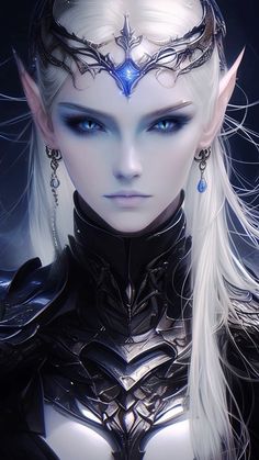 a woman with white hair and blue eyes is wearing silver metal armor, chains and earrings