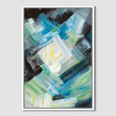 an abstract painting with blue, green and yellow colors on it's surface in white frame