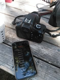 a cell phone sitting on top of a wooden bench next to a bag and camera