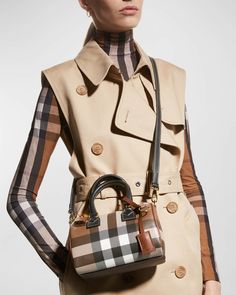 Burberry Check E-Canvas Bowling Top-Handle Bag | Neiman Marcus Mini Bowling, Burberry Outfit, Leather Roll, Bowling Bags, Streetwear Fashion Women, Handle Bag, Burberry Bag, 7 H, Zip Top