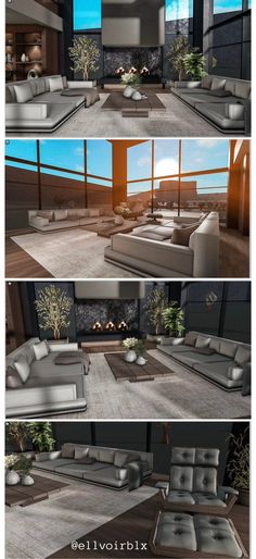 three different views of a living room with couches and tables