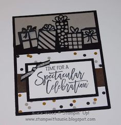 a greeting card with presents on it and the words, time for a spectacular celebration