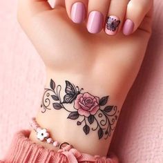 Rose Wrist Tattoo, Tattoos Pulseras, Rose And Butterfly Tattoo, Anklet Tattoos, Tattoos For Women Flowers, Tasteful Tattoos