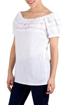 By Judith de Cuellar this charming peasant-style blouse features a scoop neck and puffed sleeves. White crinkled cotton is richly adorned with ribbons and deshilado or Spanish cutwork for feminine elegance. The blouse can be worn on or off the shoulders. Feminine Elegance, Peasant Style, Style Blouse, Cotton Blouse, Puffed Sleeves, Cut Work, Cotton Blouses, Country Girls, Summer Casual