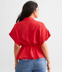 Hyfve Front Tie Peplum Blouse - Red X-Large, Women's Hibiscus Woven button down dolman blouse Dropped arm holes Elasticized waistband Bust measures 35 on size small Body length 23 on size small. 100% Polyester. Machine wash cold. Do not bleach. Tumble dry low. Iron low. Do not dry clean.. Measurements: Bust -Fullest part of bust with arms at sides. Waist -Circumference of natural waist: above belly button below rib cage. Hips -Standing with feet together fullest part of hips. WOMEN'S TOP SIZE CO Versatile Collared Rayon Blouse, Versatile Red Tops For Summer, Versatile Red Top For Summer, Versatile Red Summer Top, Rayon Button-up Tops For Workwear, Collared Rayon Blouse For Day Out, Chic Collared Rayon Blouse, Chic Rayon Button-up Tops, Chic Collared Rayon Tops