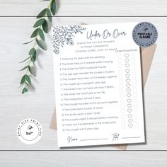 a printable wedding game with greenery on the side and a rubber stamp next to it